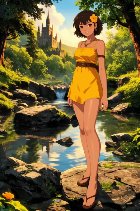 Solomon Islander shag titian hair (young woman), (druid:1.2), anime, illustration, (extremely detailed), (portrait), (standing:1.2), (happy smile), flower in hair, glossy lipstick, celtic necklace, wave earrings, loincloth, (sandals),  Dark Yellow (druid short dress), (legs), heels, (sharp focus),  fantasy, (beautiful celtic landscape:0.9), (small rock:0.9), (moss:0.4), (ripples, reflections:0.8), celtic  castle, (small river small pond:0.5), druid forest, (druid village:1.2), (stunning nature environment:0.8), (enchanted land:0.5), clovers, (Safety Yellow flowers:0.9), leaves,bright (sunny sky), (sunset:0.3), best quality, colorful, wet floor, raytracing, hdr, high contrast, ethereal natural lights, backlight, (lens flare:0.4), shadows, (vibrant colors, colorful):0.6, pretty, beautiful, happy, smiling, feminine, sexy, lovely, in love, adorable, fashion,  <lora:Hand v2:1> <lora:Anti-Blur:1> <lora:RetroAnimeFluxV1:0.4> <lora:Luminous_Shadowscape:0.4>  <lora:SujatmikoArafuru_Flux:0.2> Suzume style