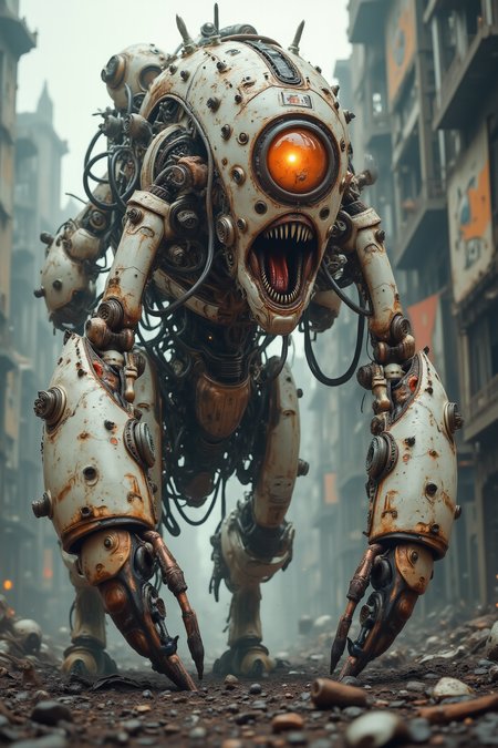 YFG-Sm0rg, YFG-Zaat, A grotesque mutant lumbers through the desolate ruins of a post-apocalyptic wasteland, its flesh fused with rusted metal and bone. Its elongated limbs twitch unnaturally, and its face is an amalgamation of human and beast, twisted in a permanent scream. A single, pulsating eye glows in the center of its forehead, scanning for prey in the eerie silence of a fallen world. Torn banners and skeletal remains litter the streets, whispering tales of civilization's collapse.