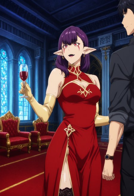 source anime,anime screencap,anime coloring,intricate details,fake screenshot,masterpiece, best quality, very aesthetic, dramatic lighting, illustration,
uncensored,
BREAK,
esil radiru, esil, pointy ears, 1girl, purple hair,jewelry, earrings,facial mark, fangs,  long hair, ear piercing, red eyes, bangs, piercing, facial tattoo, elf, medium breasts,facial tattoo,mature female,
toned, skindentation,
golden and red dress, thighhighs, lace trim,golden and red elbow gloves, bare shoulders, cleavage cutout, 
sweat,
perfect face, beautiful eyes, beautiful face,perfect anatomy,
BREAK,
1boy, sung jin-woo,black hair,short hair, blue eyes, toned male,
wristwatch, black belt, sleeves rolled up, collared shirt, black shirt, black pants,
BREAK,
dancing, couple, looking at another, smile, holding wine glass, waltz_(dance), crowded, festival,
BREAK,
solo leveling,
sidelighting, beautiful background,
Detailed Background, scenery, indoors, throne room, royal palace, luxurious, grand architecture, fantasy, gold trim, marble pillars, red carpet, velvet drapes, high ceiling, chandeliers, ornate decorations, opulent, majestic, stained glass windows, royal insignia, decorative banners,
<lora:Esil_by_Nyx_for_Illu:0.8>, <lora:saimin_seishidou_by_Nyx_for_Illu:0.7>,<lora:Smooth Booster detail:0.7>, <lora:modern_anime_screencap_v1_0:1>,