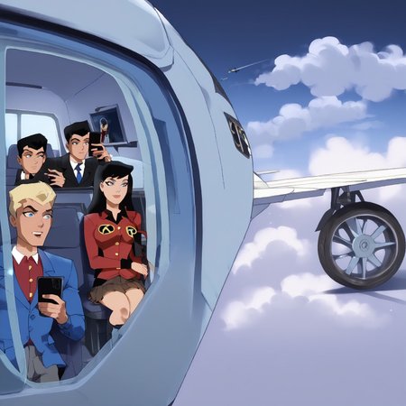 score_9, score_8_up, score_7_up, score_6_up, masterpiece, top-quality, full-color，very detailed, high detailed texture, Clear facial features

Multiple people sat in their seats filming out the window with their phones，(1 girl 3 man)，sit on the seat，Look out of the porthole，Smartphone, (Hold up your smartphone and shoot:1.3)，

lois lane，1girl,long hair，black hair，red suit, pleated skirt, brown skirt,sit down，sit on the seat，Smartphone shooting，<lora:Lois_Lane:0.8>
BREAK
nightwing，1man，black hair，blue eyes，Blue shirt, gray pants，sit down，sit on the seat，Smartphone shooting，<lora:Nightwing:0.6>
BREAK
Jimmy, 1boy，short hair, black hair, black eyes,blue jacket, shirt, jacket, red shirt, long sleeves, pants,sit down，sit on the seat，Smartphone shooting，
<lora:Jimmy:0.7>
BREAK
damian wayne DCAU, 1boy，black hair,  white shirts，black pants, sit down，sit on the seat，Smartphone shooting，<lora:Damian _Wayne_DCAU:0.5>

(In the Clouds:1.3), (Floating in Clouds：1.4)，Near the window of the passenger aircraft