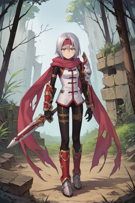 score_9, score_8_up, score_7_up, score_6_up, source_anime, BREAK, <lora:Zilva:0.6> , zildef, 1girl, short hair, grey hair, yellow eyes, red headband, (mask over one eye), (mask), scarf, pink scarf, white sweater vest, white shirt, bodysuit, black bodysuit, bodysuit under clothes, (single gauntlet), black gloves, sheathed, (asymmetrical footwear), (single leg warmer), red leg warmer, (leg warmer), armored shoes, looking at viewer, angry, closed mouth, full body, <lora:detailed_backgrounds_v2:0.6> , masterpiece, best quality, very aesthetic, absurdres, forest, ruins, outdoors, nature, blue sky,   <lora:Concept Art Eclipse Style LoRA_Pony XL v6:0.4> , concept art, realistic,