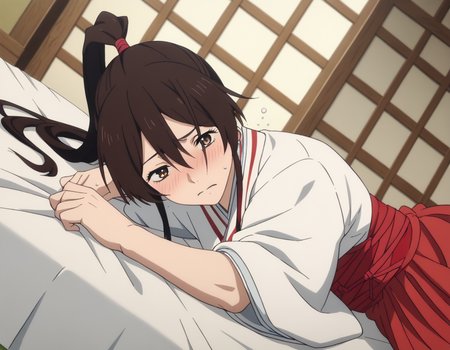 score_9, score_8_up, score_7_up, source_anime,
sagiriyamadaasaemon, <lora:sagiri-yamada-asaemon-s1-ponyxl-lora-nochekaiser:1>,
sagiri yamada asaemon, long hair, black hair, ponytail, high ponytail, brown eyes,
japanese clothes, kimono, hakama,
indoors, bed, bed room, on side, blush, drunk,
solo, dutch angle, looking at viewer, cowboy shot,