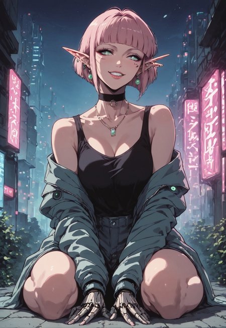 safe_pos, score_9, score_8_up, score_7_up, Expressiveh, high-quality, ultra-high-definition, fine details, highly detailed eyes, meticulously crafted, crisp, highest quality, ASTHTC, cmte, forehead, detailed skin, detailed lighting, realistic, stunning woman, elf, pointed ears, solo, milf, huge ass, bottom heavy, huge tits, huge soft thighs, curvy, wide hips, earrings, looking away, smug, haughty, wide grin, salmon pink hair, short bob hair, blunt bangs, full body, medium shot, green hazel eyes, choker, android, prosthetic arms, piercings, necklace, bomber jacket, black crop cami top, pov, close-up, outdoors, pinup pose, at night, night time, ambient lighting, halftone, cyberpunk neon city background
