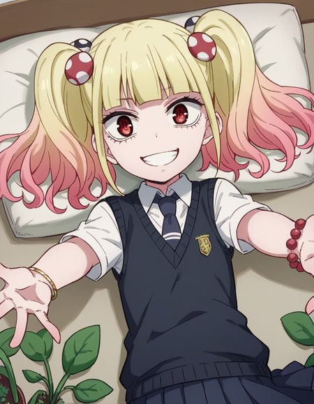 score_9, score_8_up, score_7_up, source_anime, <lora:yuria-niguredou-s1-ponyxl-lora-nochekaiser_r1:1>, yuria niguredou, bangs, blonde hair, hair ornament, red eyes, twintails, pink hair, multicolored hair, gradient hair,, skirt, shirt, jewelry, school uniform, pleated skirt, necktie, bracelet, sweater vest, beads,, gardening, watering plants, backyard, flowers blooming, sunny day,, smile, looking at viewer, on back, arm support, arms up, incoming hug, pov, reaching, reaching towards viewer,, solo,, dutch angle, cowboy shot