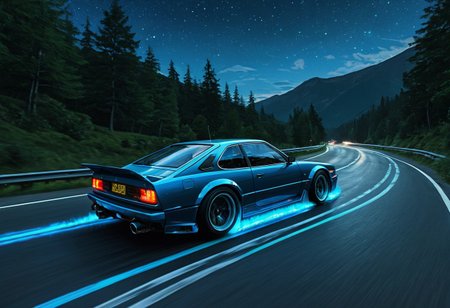 (studio ghibli digital drawing), best quality, masterpiece, extremely detailed, professional art, professional painting, an extremely delicate and beautiful, dynamic, depth of field, elegant, gorgeous, highly detailed, full shot, uncropped, absolutely perfect, highly detailed, breathtaking, sci-fi drift car, powerful performance car, hover wheels, blue glowing hover wheels, drifting around corner, light streaks, beautiful mountain road,
At night, night, night sky, dark sky, 
Motion blur, action shot, dutch angle,