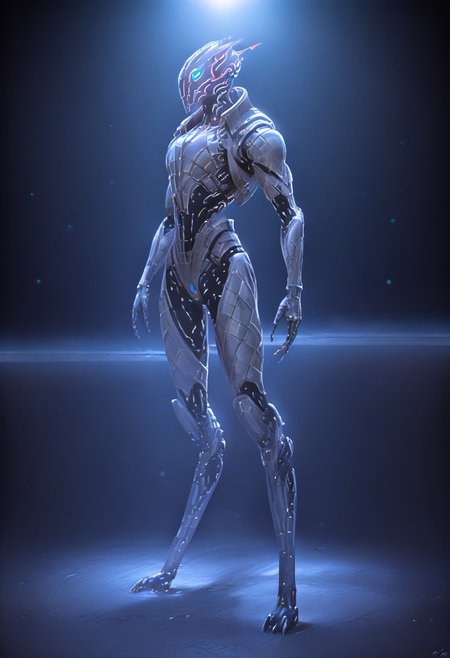 fallen empire technology , blank metallic face((( robot)))(stunning, magnificent, HD, photorealistic, dramatic lighting, intricate details, armor beautiful patterns, realistic , mythical, legendary, powerful, cinematic,, masterpiece, perfect anatomy, perfect composition, perfect hand, (beautiful detailed eyes:1.2), (soft colors)) , glowing red core right on chest armor, armor highly detailed patterns on armor), , full body fits into the image, full body visible, ), claws, gauntlet, digital illustration of a futuristic, armored humanoid figure. The subject is dressed in a highly detailed, dark, and bulky exosuit with intricate mechanical components and white accents. The suit features various textures and layers,.((dead space)))futurenijiimadness, mass effect game, science fiction, lens flare, slightly long neck, big cables on body, robot, big cables on body<lora:ECHANIS:0.8>digitigrade,