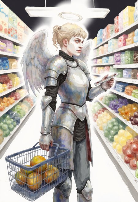 Watercolor painting of blonde young woman female angel with large wings and halo with innocent face, annoyed look on face, wearing knight's plate armor, holding a shopping basket, examining the prices in a grocery store, from side, ponytail with bangs, full body,