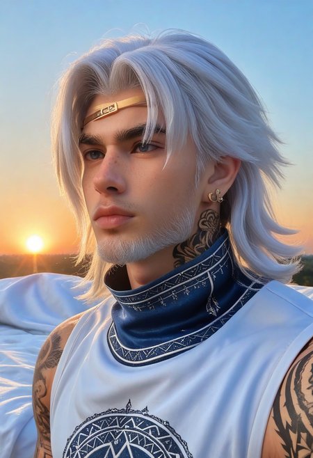 Gay++, homoerotic, hyper masculine, solo, (white hair, white body hair, white beard), (((male))), sheets covering body, in the bedroom, sitting on bed, headshot, sunrise, 20yo, gray eyes, scruffy, confident, (medium hair), ((athletic, narrow waist, wide shoulders)), cocky, gigachad, scruffy, shaggy, head tilted back++, face freckles, earrings, nose piercing, eyebrow piercing, blackout tattoos, tattoos, white tank, BREAK
Portrait photo, close up picture, close up detail, zoomed in on face, from the neck up, relaxed, in bed, morning, sunrise, (warm lighting)
bokeh, highly detailed, Fujifilm XT-4,
LanGe, LanGe_silver-blue-hair, LanGe_long-medium-wavy-hair, LanGe_dark-eyebrows,  LanGe_gray-eyes, LanGe_asian-shaped-eyes, LanGe_golden-head-ornament,