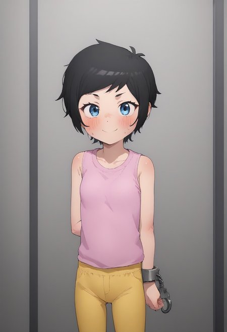score_9, score_8_up, score_7_up, source anime, perfect face, bibiBS, solo, only 1 girl, 1 girl, girl, short height, short girl, black hair, pompadour up, pompadour hair, short hair, flat breast, flat boobs, flat chest, cute, anime eyes, anime girl, blue eye, Blush, blushing, happy, smiling,
Pink Sleeveless t-shirt, wide sleeveless t-shirt, wide strap sleeveless t-shirt, tight no sleeve t-shirt, sleeveless, no sleeve, pink color shirt, wide shirt, very tight sleeveless t-shirt, shirt tucked in, shirt tucked to pant, sweatpants, yellow trackpant, yellow trackpant, yellow long glove, yellow long elbow glove, Yellow thighhighs, yellow color thighhighs, yellow colored thighhighs, thighhighs socks,
TSH, Arm behind back, wrist behind back, cuffed behind back, handcuff, handcuffs, hand are cuffed behind back, metal handcuffs, cuffs, arm behind back, Cuffed up, cuffs, tied up with cuff, red cuff, wrist cuff, red cuffed, hand cuffed with red cuffs, hand and wrist cuffed, handcuffs behind the back, handcuffed behind the back, arm crossed behind back, wrist crossed,
in the jail cell, prison area, interrogation room, jail bars on the cell, dirty cell, imprisoned, inside a prison cell, prison, jail bars, imprisoned, indoor, 
Stand, standing,