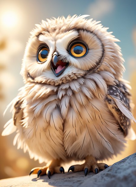 long shot scenic professional photograph of a cute fluffy owl chick with big bright eyes, centered composition with soft white feathers and a playful expression. A light pastel background with gentle curves enhances the scene. A detailed 3D rendering capturing warm lighting, soft shadows, and fuzzy texture, perfect viewpoint, highly detailed, wide-angle lens, hyper realistic, with dramatic sky, polarizing filter, natural lighting, vivid colors, everything in sharp focus, HDR, UHD, 64K