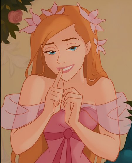 score_9, score_8_up, score_7_up, score_6_up, score_5_up, score_4_up,  screencap,  <lora:Giselle_Enchanted-000007:0.9> , giselle1, 1girl, solo, long hair, blue eyes, dress, orange hair, see-through,  pink dress, hair ornament, off shoulder, hand_on_mouth, portrait, looking at viewer, biting own finger, half-closed eyes, light smile,