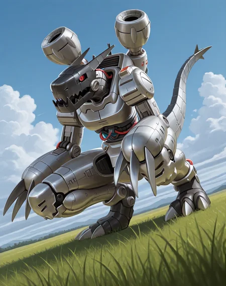 <lora:Machinedramon_(Digimon)_(Illustrious)_(AD):1.35> Machinedramon, robot, machine, 
((
exterior, science fiction, blue sky with clouds, grass, 
dutch angle, dynamic action, male focus, villain, solo, powerful, superiority, 
)),
BREAK: very awe, aesthetically pleasing, masterpiece, best quality, amazing quality, very aesthetic, depth of field, absurd details, depth of field, atmospheric rendering, natural shading, soft shading,
BREAK: lazympos, lazypos (3),