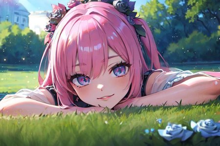 (masterpiece:1.4), 4K8K, (anime style), (high shutterspeed:1.4), (sharp edges), 
SyFyEye1, FanFo, 
1woman  hands togather,  leaning foward, face focus, smile, closed mouth, 
wearing Celtic style dress, (Detailed face, Detailed eyes, Detailed lips), (solo), 
pink hair, any colored roses, Fantastic, grass firld, river-side,