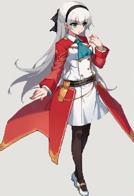score_9, score_8_up, score_7_up, source_anime, BREAK, solo, 1girl, <lora:Dengeki_Bunko-pdxl_Fp:1>, simple background, standing, full body, <lora:elie-pdxl-nvwls-v1:1>, zeroElie, black hairband, hair ribbon, long hair, ascot, uniform, long red sleeves, white dress, white hair, green eyes, pantyhose,