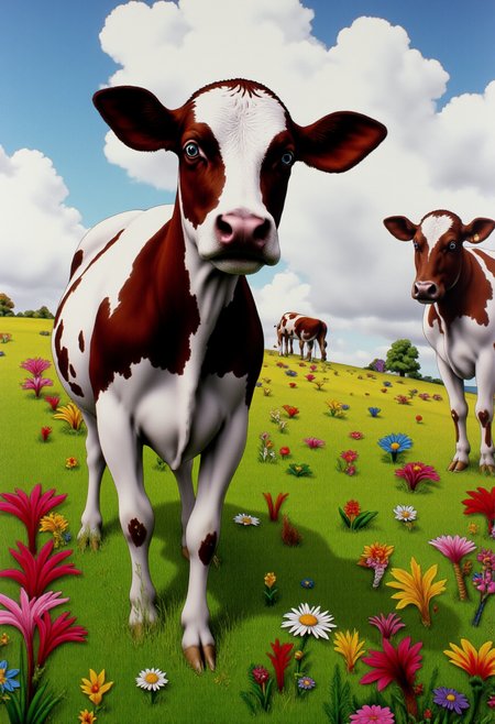 <lora:kft-montys-submarine-style:0.9>
The image is a vibrant, highly detailed kftcc style digital artwork featuring     a cow in a field