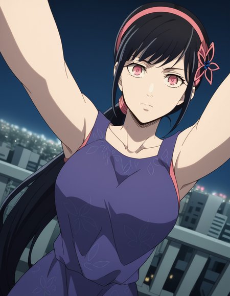 score_9, score_8_up, score_7_up, source_anime, <lora:yihwa-yeon-s2-ponyxl-lora-nochekaiser:1>, yihwa yeon, long hair, bangs, black hair, hair ornament, pink eyes, very long hair, hairband, large breasts,, dress, ponytail, purple dress, city skyline, rooftop view, night time, city lights, quiet reflection, , on back, arm support, arms up, incoming hug, pov, reaching, reaching towards viewer,, looking at viewer, solo,, dutch angle, cowboy shot