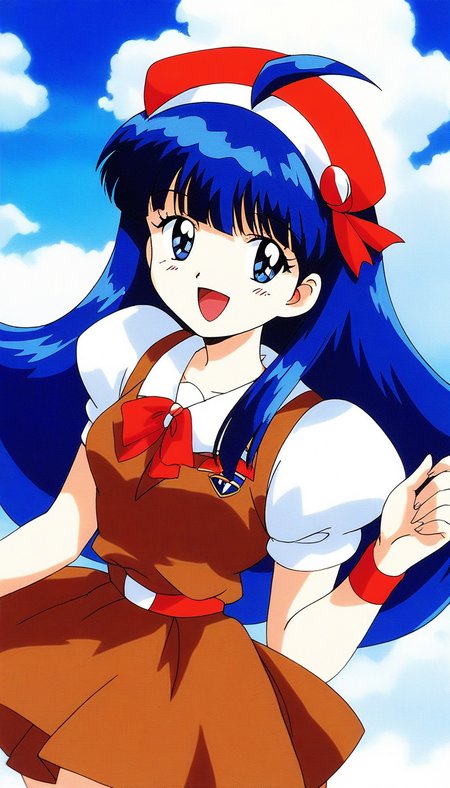 score_9, score_8_up, score_7_up, source_anime, rating_explicit, BREAK <lora:Tsurugino_Hikari_XL:1>Tsurugino_Hikari, long hair, blue hair, 1990s (style), hairband, blue eyes, bangs, ahoge, small breasts,
1girl, solo, hat, retro artstyle, skirt, open mouth, School uniform, smile, 
wristband, looking at viewer,  puffy sleeves, short sleeves, bow, 
brown dress, :d
dauy, sky, outdoor.
