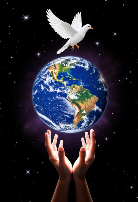 realistic. black background. space. stars. In the middle of the picture is 1 big earth. big earth is held up by two little hands. two hands at the bottom of the picture. A white dove of peace is at the top of the picture.
perfection style, vivid colors, colorful, vivid background, by jwst, by chandra, galaxy, nebula,  galaxy, stars, aidmaMJ6.1,