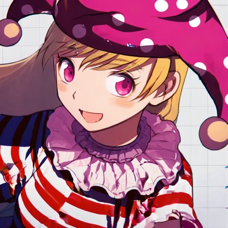 clownpiece 1girl, solo, long hair, looking at viewer, smile, open mouth, blonde hair, hat, striped, pink eyes, polka dot, close-up, jester cap, american flag dress, neck ruff, clownpiece  <lora:Gumi-000064:1>