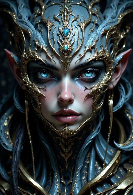 masterpiece, best quality, good quality, very awa, very aesthetic, absurdres, newest, 1girl, solo, looking_at_viewer, blue_eyes, closed_mouth, eyelashes, lips, makeup, colored_skin, portrait, realistic, bald, forehead_jewel, alien