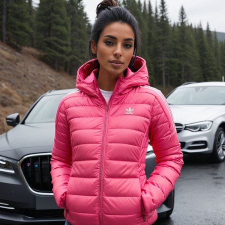 (dark cinematic still, dark vibes) sexy slim skinny one hispanic tall women ,unique, wearing a hooded pink adidas_puffer_jacket, unique hair styles, 8k uhd, dslr, high quality, photorealistic, realism, hyperrealism,  ((car scene)),
<lora:adidas_puffer_jacket_v1:1>