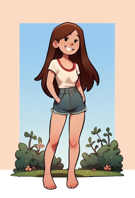 score_9, score_8_up, score_7_up, score_6_up, score_5_up,  1girl, solo, full body,
(source_cartoon),
<lora:Mal (Storybooth)_v03-0:0.85>
Mal_Storybooth, brown hair, long hair, straight hair, dot eyes, grin,
outdoors, detailed background,
<lora:Expressive_H:0.7> Expressiveh,
<lora:add-detail-xl:0.9>