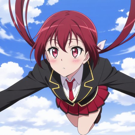 nsfw, masterpiece, best quality, 1girl, solo, jokamachi_no_danderaion_akane_sakurada, red hair, twintails, cloud, red eyes, school uniform, sky, skirt, blush, long hair, day, necktie, red skirt, parody, jacket, flying, outstretched arms, pleated skirt, anime coloring, low twintails, blue sky, ribbon, hair ribbon, <lora:Akane_Sakurada_-_Jokamachi_no_Danderaion_2:0.7>