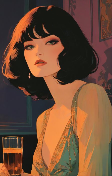 1920s commercial illustration of Glam Rock aesthetic, pastel colors, stunning background. dark and moody, a mesmerizing blend of light and shadow. masterpiece, absurdres, intricate details <lora:Orange_Bloom:0.8>, magazine cover illustration from the 1920's, exaggerated realism, a hint of caricature