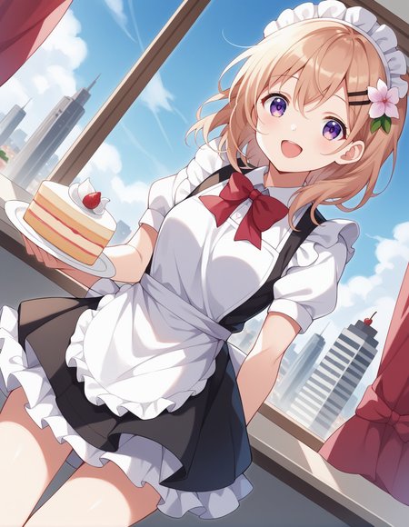 score_9, score_8_up, score_7_up, source_anime, rating_safe, <lora:cocoaHoto_XL-Pony_LoRA-C3Lier_8-8-8-8_AdamW_Un3e-4_Te1.5e-4_10batch:1>, hoto cocoa, 1girl, medium hair, brown hair, purple eyes, small breasts, hairclip, hair flower, rabbit ears, maid headdress, maid, white shirt, collared shirt, long sleeveswhite apron, red bowtie, black skirt, frilled skirt, dutch angle, looking at viewer, facing viewer, smile, happy, holding plate, coffee, cake, cafe, window, curtains, cityscape, blue sky, cloud, city