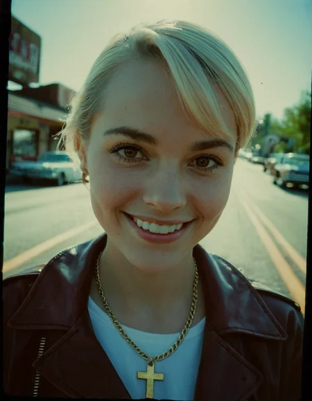 A hyperrealistic Polaroid-style portrait of a white woman standing confidently in the middle of a quiet American small-town street. The image is captured with a professional Nikon NIKKOR Z 85mm f/1.2 S lens, creating an ultra-sharp, cinematic effect with a beautifully soft bokeh background. The high-saturation Polaroid aesthetic enhances the warm, nostalgic tones, giving the scene a rich, film-like vibrancy.
Character & Face (Highly Detailed):
    The subject is a woman with a light complexion, standing facing directly towards the camera (frontal view).
    She has a warm, confident smile, exuding charisma and an effortlessly cool attitude.
    Eyes: Deep brown, almond-shaped eyes looking directly at the camera, reflecting soft natural light.
    Eyebrows: Well-groomed, slightly arched, matching her platinum blonde hair.
    Nose: Straight and well-proportioned.
    Cheeks & Jawline: Defined cheekbones with a smooth jawline. Her skin has a subtle sun-kissed glow, with soft highlights emphasizing natural beauty.
Hair:
    Very long, straight platinum blonde hair, naturally silky and voluminous.
    A thick, straight-cut fringe (bangs) covers her forehead, ending just above her eyebrows.
Expression & Pose:
    She has a bold, self-assured expression, standing upright with a strong stance, owning her presence in the scene.
    Her gaze is direct, making eye contact with the camera, radiating confidence.
Attire & Accessories:
    She wears a bright pink leather jacket, slightly unzipped to reveal a black crop top or bralette underneath.
    A large Catholic cross necklace hangs prominently on her chest, attached to a thick, elegant gold chain. The cross is bold and intricately detailed, symbolizing faith and strength.
    Slim-fit, high-waisted denim jeans complete her look, emphasizing a stylish, modern aesthetic.
    She wears black ankle boots, slightly worn, adding a rebellious touch.
Background & Composition:
    The scene is set in a small American town, with classic brick buildings, vintage storefronts, and neon signs lining the quiet main street.
    Yellow dividing lines run down the road, adding depth and perspective.
    A retro diner with a neon sign, a gas station, and a few parked vintage cars (like a 60s Mustang or Chevy) add to the nostalgic Americana atmosphere.
    The street is empty, evoking a cinematic "moment in time" feel, as if she owns the road.
    The golden afternoon sunlight creates a warm glow, casting long shadows across the pavement.
Camera & Lens Details:
    Captured using a Nikon NIKKOR Z 85mm f/1.2 S lens, known for its exceptional sharpness, creamy bokeh, and professional portrait quality.
    Shallow depth of field focuses on the woman, while the background softly fades into a dreamy, out-of-focus blur, enhancing subject separation.
    Natural, soft falloff of light, highlighting skin texture and details while keeping the overall composition cinematic and balanced.
    Vivid, high-contrast colors, emphasizing the pink of her jacket, the blue sky, and the golden tones of the sunlight.
Lighting & Camera Quality:
    Shot in Polaroid-style, with high saturation, warm tones, and slight film grain for an authentic retro look.
    Soft vintage vignette around the edges, adding a timeless quality.
    Bright highlights and deep shadows, creating a film-like contrast and depth.