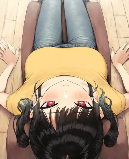 1girl, solo, kanna, black_hair, short_twintails, red_eyes, large_breasts,
yellow_crop_top, jeans, 
knees_together_feet_apart,
from above, face focus, pov,
(happoubi_jin:0.3), (pija:0.5),
sensitive, 
masterpiece, best quality, newest, absurdres, highres, safe,
 <lora:kanna_v3ILXL:0.7>
