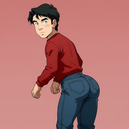 High Quality,  Billy batson, small body, solo, 1boy, black hair, blue eyes, red tshirt, bluejeans, young, wedgie, at school,big butt