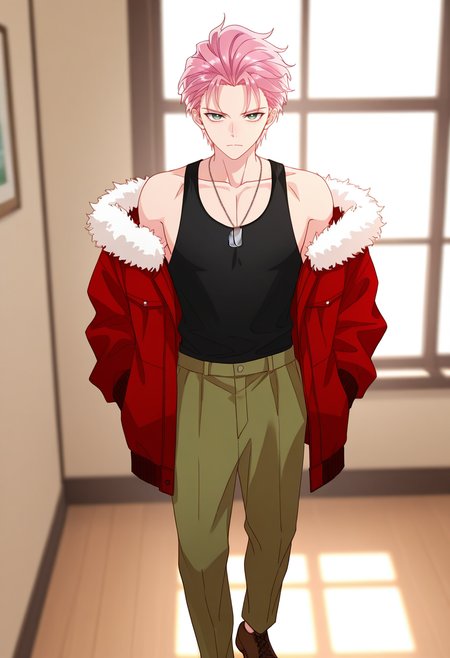 masterpiece,best quality,depth of field,amazing quality,very aesthetic,high resolution,intricate details,offcial style,anime coloring,anime screencap, , , , 1boy, solo, male focus, <lora:xian-yi:0.89>,wang yi,short hair, green eyes,slicked back hair,bare shoulders, standing, jacket, pink hair, shoes, pants, indoors, off shoulder, necklace, fur trim, window, brown footwear, tank top, red jacket, fur-trimmed jacket, black tank top, dog tags,looking at viewer