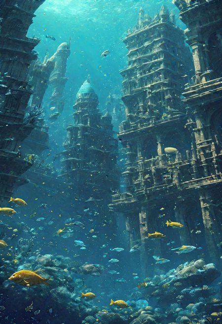 a underwater scene with a submerged city and a lot of fish swimming around, sci-fi, fantasy, enchanting, detailed