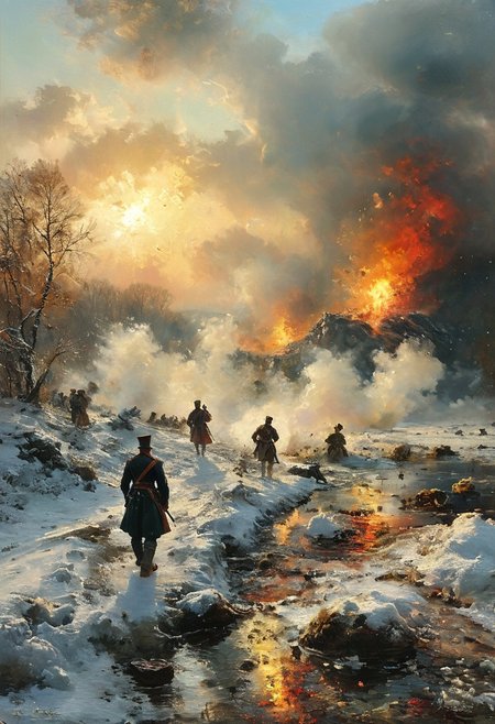 cinematic explosion napoleonic soldiers blowing away ,battlefield, vibring color, explosion, ice and snow . Forest.  At sunset, vibring color,  monet,  oil painting, style of Andreas Achenbach