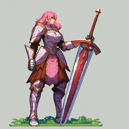 score_9, score_8_up, score_7_up, source_anime, fine sketch, manga style, vibrant pixel art, detailed pixel art, (1girl), pink hair, {blush}, med hair, bangs, a medieval assassin, wearing a (long heavy tunic with a hood), and light armor, highly detailed, full body illustration, milf, mature female, late 30s, midwife, adventurer, heroin, grabbing the handle of a, (giant_sword), (resting stance), wide shoulders, (muscular:1.2), (tall height), busty, gauntlets, (armor tasset's:1.1), leaning left, looking to the left, epic composition, fantasy, a stunning scene, fantasy aesthetic, pink-blossom trees in the background, with insanely intricate details and textures, sun rays, dramatic lighting, perspective, dynamic, foreshortening