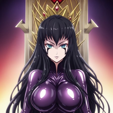 mana_sk, 1girl, solo, beautiful, sexy, busty, evil queen, throne in background, shiny latex suit, long hair, black hair, holy, portrait, looking at the viewer, ( focus on face:1.2),