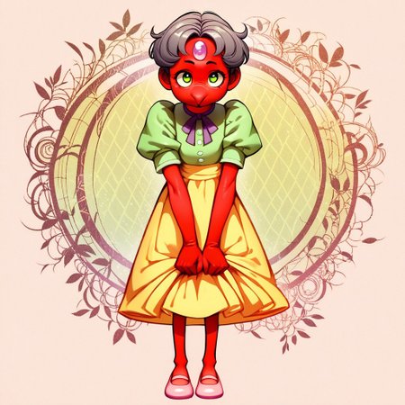 ng_deepnegative_v1_64t, score_9, score_8_up, score_7_up, zPDXL2, detailed background, concept art, source_anime, 1 girl, red skin, gray hair, short hair, puffy hair, light green shirt, (long nose), lavender gem on forehead, purple ribbon around neck, yellow skirt, tall, long legs, pink mary janes, lifting dress up, cute pose