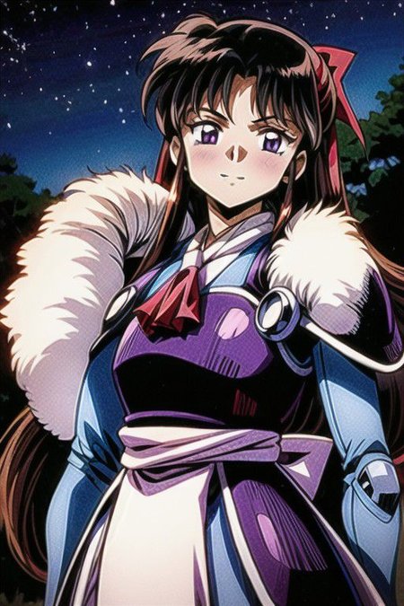 best quality 1girl Setsun4 solo long hair,  (night time) forest background black hair very long hair purple eyes multicolored hair armor, small, (fur trim) (medium body),<lora:EMS-179-EMS:0.800000>,<lora:EMS-293862-EMS:0.800000> bow, hair_bow, hair_tubes, red_bow, brown_hair, long_hair, bangs, ascot, frilled_bow, yellow_ascot, blush, smile, hair_between_eyes, athletic, armor, miko,  Smiling, happy,