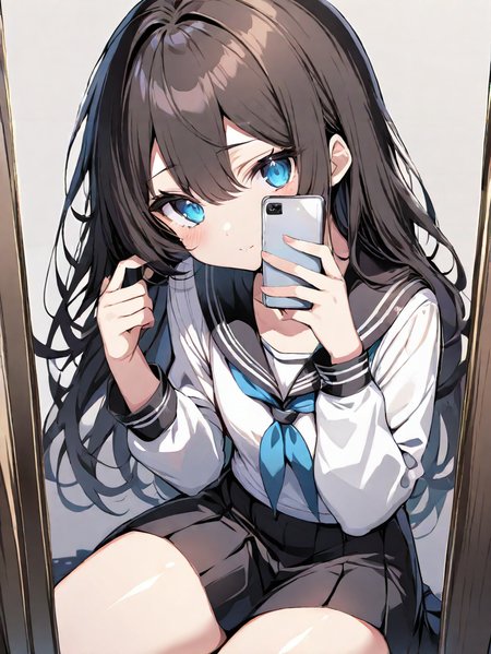 masterpiece,ultra-detailed,best quality,8K,illustration,cute face,clean skin ,shiny hair,girl,ultra-detailed-eyes,simple background, <lora:add-detail-xl:1> <lora:selfie_XL_illustrious_V1.0:1> selfie, holding smartphone, mirror, reflection,serafuku,skirt