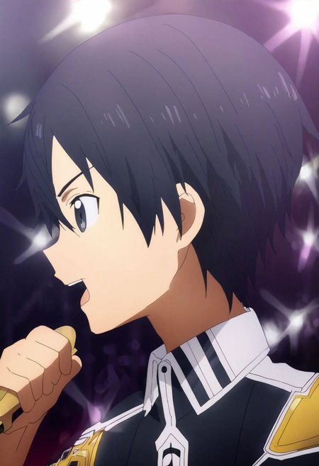 high resolution, solo, best quality, 1Boy, Kazuto Kirigaya, Black Hair, Black Eyes, singing, portrait, dept of field, virtual concert, playing musical instrument, OverallDetail