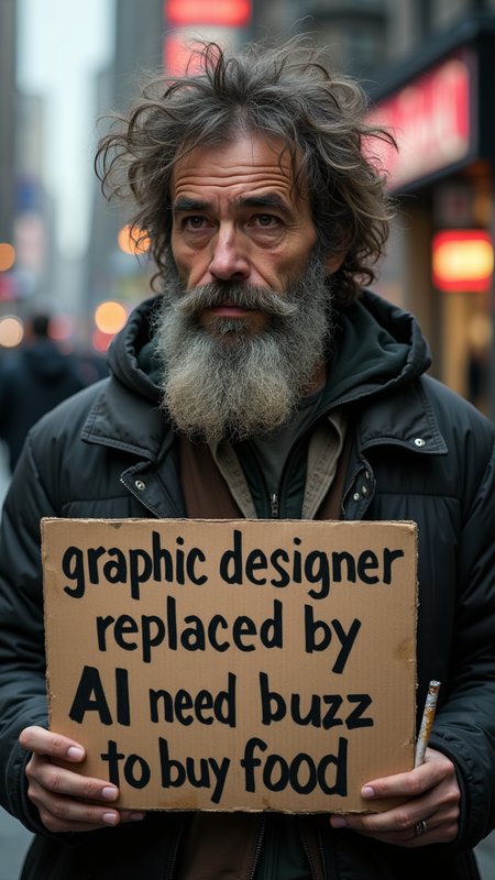 a scruffy dirty man holding a cardboard sign that says "graphic designer replaced by AI need buzz to buy food", photograph, portrait, best quality, a very dirty homeless man in his mid-30s with bushy eyebrows and tired eyes, greasy matted tangled hair, standing on the side of a busy street in New York City, (holding a cardboard sign with the words: 
"graphic designer 
replaced by AI 
need buzz 
to buy food") , 
the man has a long scruffy beard and dirty face, dirty clothes, boiler suit, hipster, artist, cinematic style, dramatic lighting, perspective, depth of field, muted tones, washed out colors, f2.8, Nikon 28Ti, dof, bokeh, highly detailed, lots of film grain, upper body, detailed skin, soft focus, depressed sad tired expression, broken cigarette 