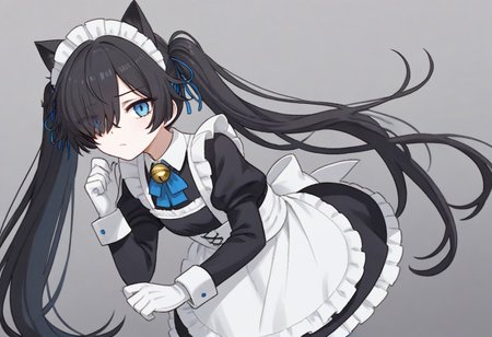 (Maid-kasli), solo, white gloves, dress, hair over one eye, maid apron, blue eyes, twintails, cat ears, maid headdress, maid, gloves, 1girl, apron, juliet sleeves, long sleeves, long hair, black hair, animal ears, bell,(Fall down),