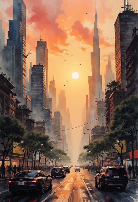 A dinkfsn style ink wash painting, in the style of ck-mgs, inkwash of an advanced sci-fi cityscape, with gleaming towers and skyscrapers, busy cyberpunk streets, sunset