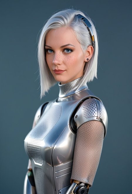 A 35mm photo of a beautiful robotic woman, she has a robotic human head, robot, freckles, silver hair, silver mesh bodysuit, robotic joints, robotic head