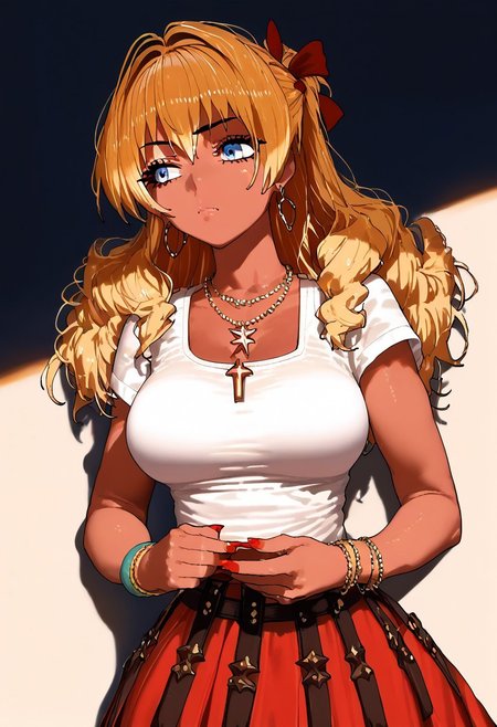 GEN, score_9, score_8_up, score_7_up,source_anime, high res image,masterpiece,best quality, rating safe
UOScarlet
1girl, solo, necklace, earrings, bracelet, hoop earrings, gyaru, blonde hair, dark-skinned female, 
wearing COLORED br1gand1n3 studded brigandine