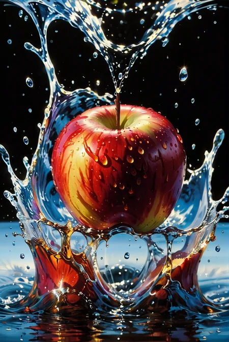 A surreal and hyper-realistic scene capturing the moment an apple drops into water, creating a spectacular splash. The vivid colors and intricate details of the water droplets and ripples are highlighted, showcasing the apple's texture and the impact's energy. The scene is illuminated with dramatic, dreamlike lighting, enhancing the visual appeal and creating a sense of beauty and motion.
surreal, hyper-realistic, apple dropping into water, spectacular splash, vivid colors, intricate details, water droplets, ripples, dramatic lighting, dreamlike, artistic, visually stunning, sense of beauty, motion, high quality, detailed, sharp clarity, breathtaking.
<lora:20240628-1719548811857:1.0>,
<lora:add-detail-xl:1.0>,
<lora:EnvyBetterHiresFixXL01:1.0>,
<lora:extremely_detailed:1.0>, extremely detailed, 
<lora:EldritchMixIllustration_1.1:0.25>,
<lora:Painted World-000006:0.8> painted world, colorful splashes,