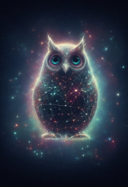 a cute chibby chicken mixed with a owl with big rainbow eyes made out of clay, it wears a cool rainbow bandana, very detailed, 4k, sharp, eating rainbow worms, novuschroma51 style, (starry night), starry_morph