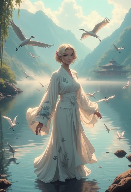 Concept art, (shot above the thighs), a graceful and ethereal European woman with platinum blonde hair, her delicate features reminiscent of a porcelain doll. She wears a flowing white kimono with patterns of cranes in flight, the fabric shimmering like the feathers of the birds she represents. Her slender arms are gracefully extended as if in mid-dance, with long sleeves that trail elegantly behind her. Her eyes are a soft, serene blue, filled with a gentle, melancholy wisdom. She stands on the edge of a tranquil lake surrounded by mist-covered mountains, where the surface of the water reflects the silvery light of the setting sun. Several cranes fly overhead, their wings casting shadows on the water below, while others wade through the shallows, their movements mirroring her own. The background is a serene, almost dreamlike landscape, with weeping willows and bamboo gently swaying in the breeze, and distant temple bells ringing softly. The atmosphere is peaceful and poignant, filled with the quiet grace of the crane maiden, a symbol of loyalty, love, and the beauty of nature, with soft, warm lighting, and a mood of quiet reflection.
, in style of Ilya Kuvshinov