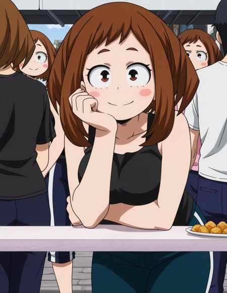 masterpiece, best quality, amazing quality,, <lora:ochako-uraraka-s3-illustriousxl-lora-nochekaiser:1>, ochako uraraka, uraraka ochako, brown eyes, brown hair, short hair, blush, blush stickers, breasts, mature female, anime screencap, bare shoulders, pants, black shirt, tank top, blue pants, black tank top, track pants,, market, stalls, people, food, trade, smile, head rest, smile, looking at viewer, solo,, cowboy shot, solo